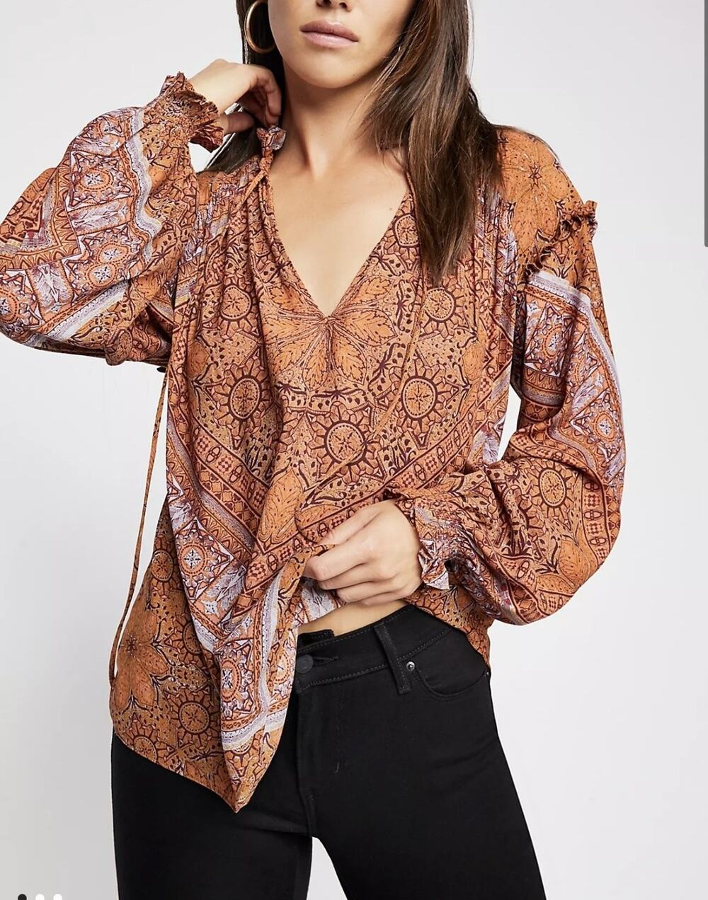 Free People Little Run Away Top Blouse Womens Large Print Ruffle Boho Rust